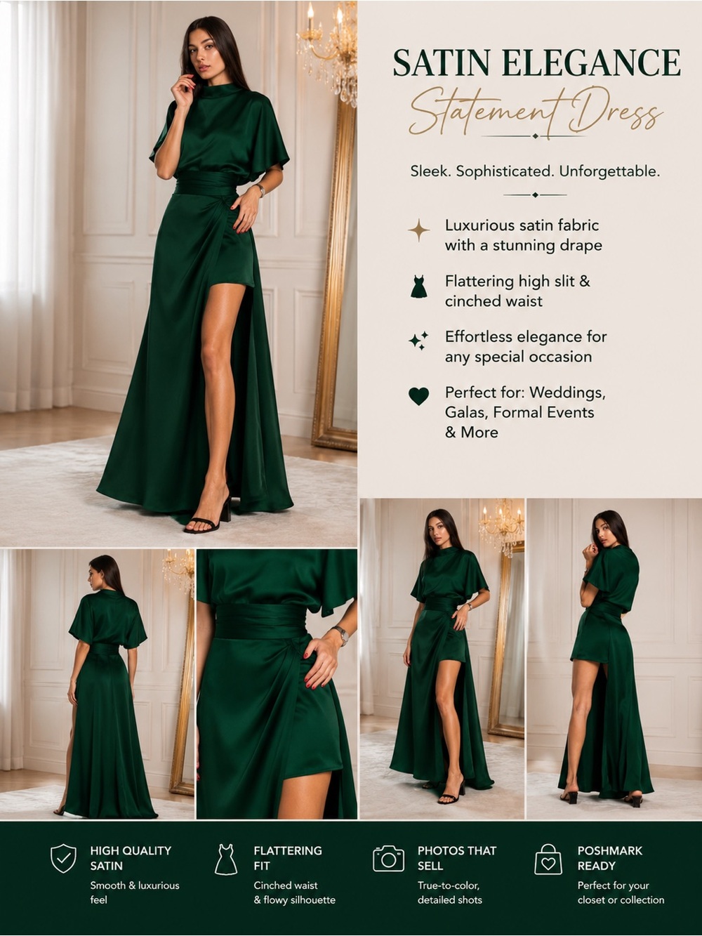 Emerald Green Designer One-Shoulder Gown | Size 12